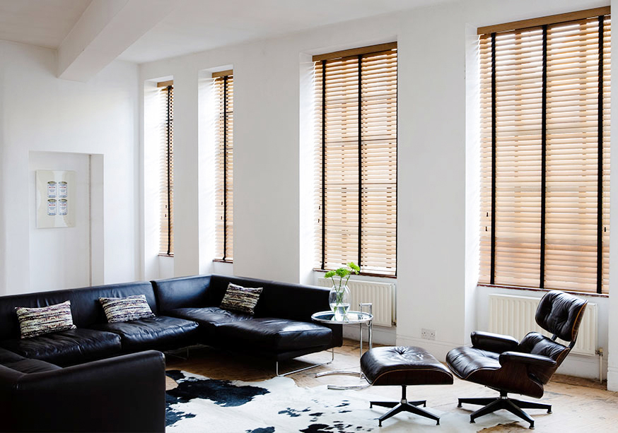 Modern masculine living room with wooden blinds