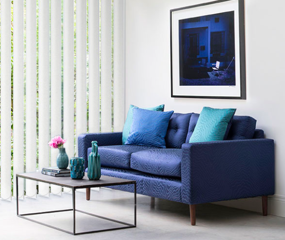 Modern living room with vertical blinds