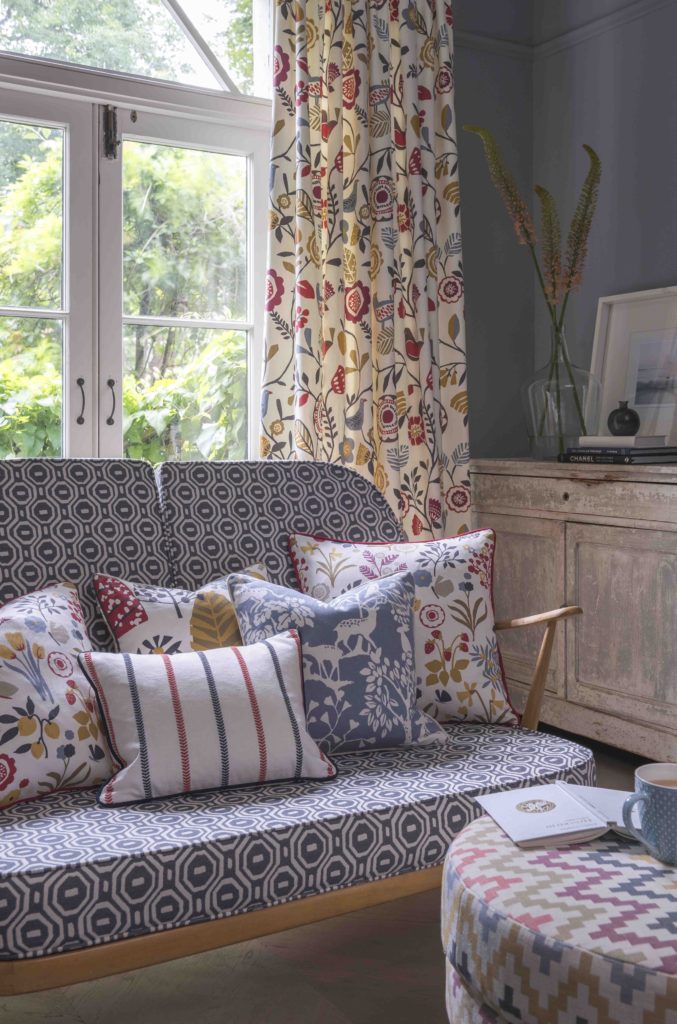 Folk interior design, cushions and curtains