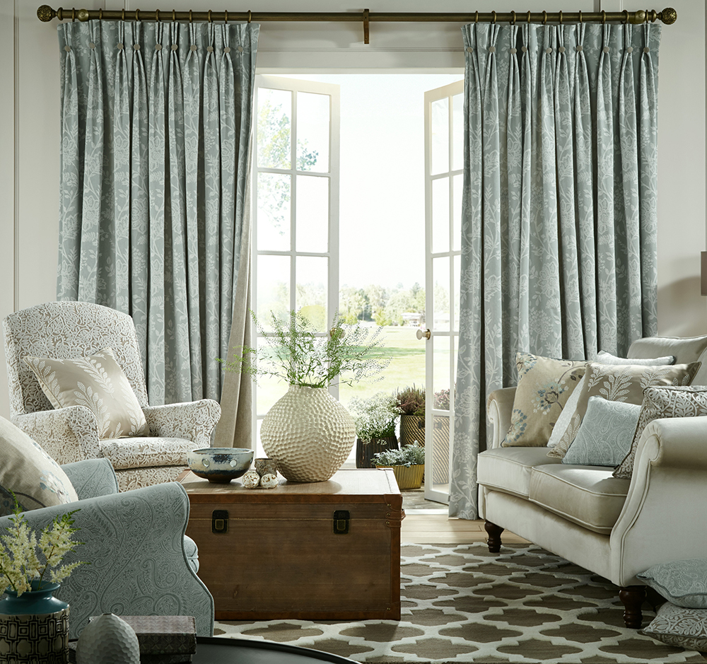 Traditional living room with duck egg curtains