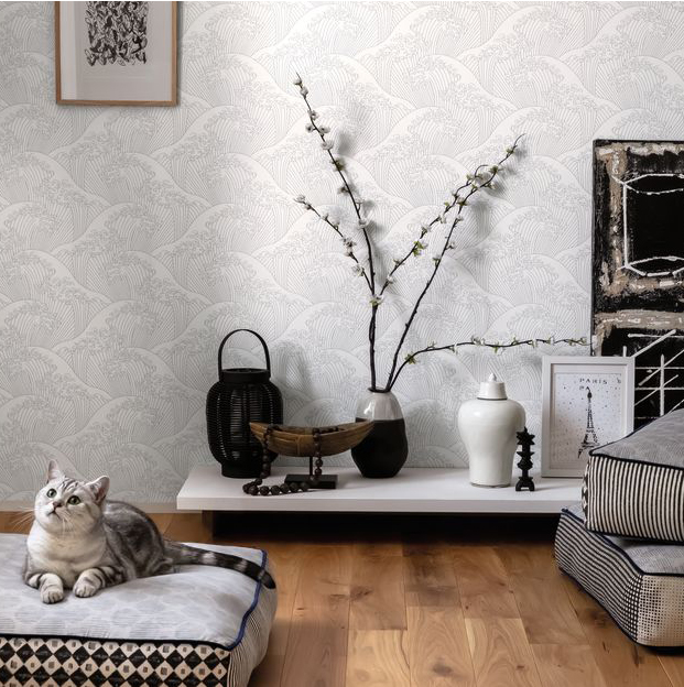 Grey, white and black living room with wooden floor.