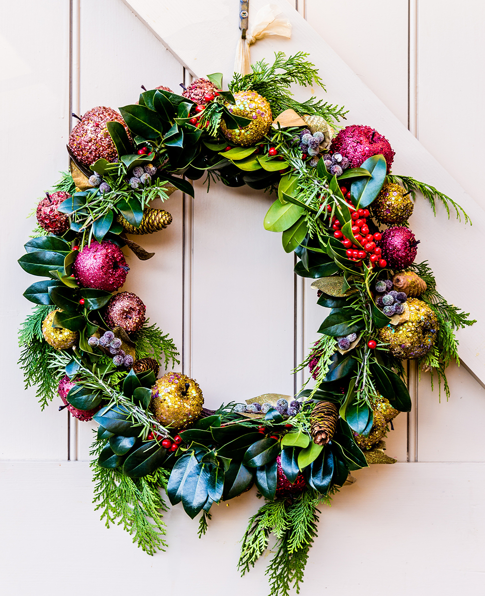 Colourful wreath on door.