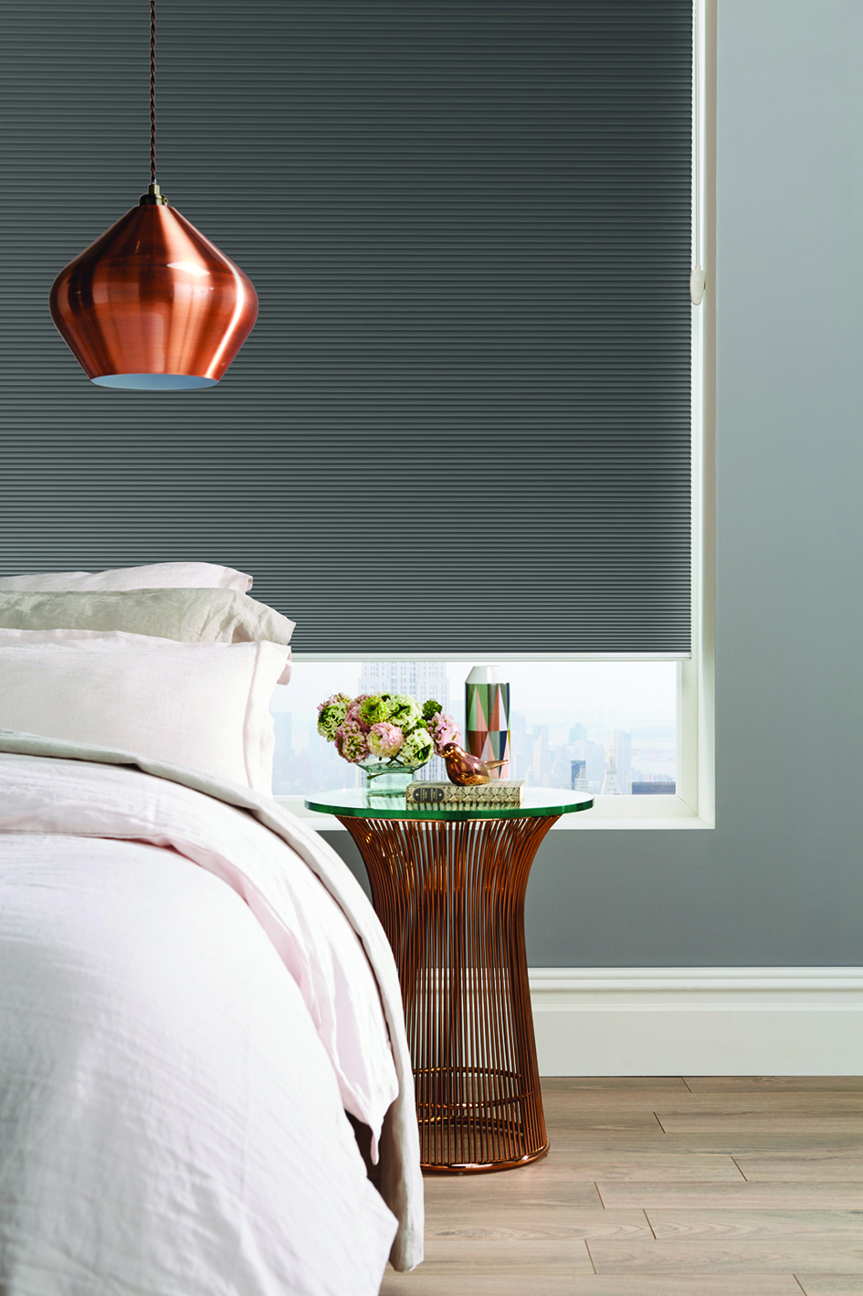 Copper light shade in modern bedroom