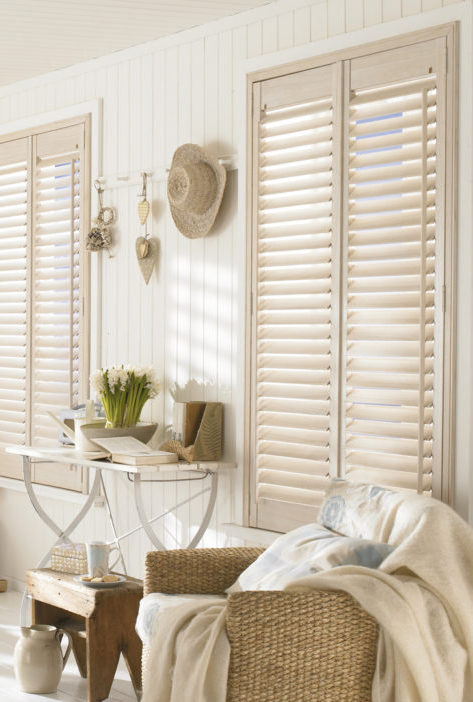 Shutters in a traditional beachy living room.